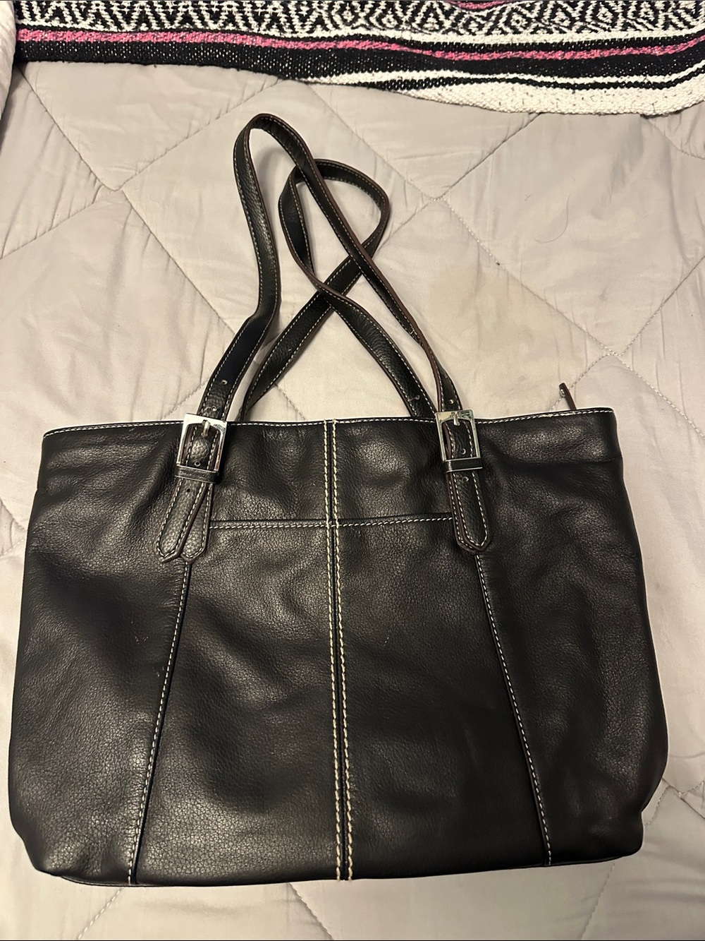 Tignanello black Leather Tote Bag with Contrast Stitching -